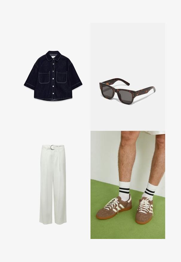 Tummansinisestä farkkukankaasta valmistettu lyhythihainen kauluspaita, jossa on kaksi etutaskua, valkoiset tikkaukset ja pyöreä kaulus.; Valkoiset leveälahkeiset housut, joissa on sileä pinta, etupleateilla ja hopeanvärisellä pyöreällä soljella varustettu vyö. Ei näkyviä taskuja.; Ruske nahkate sneakerit valkoisilla korostuksilla ja nauhoilla. Kumi-gumipohja. Yhdistetty valkoisiin sukkiin, joissa on mustia raitoja. Vihreä teksturoitu lattia.; Laadukkaat kilpikonnakuosiset aurinkolasit, joissa on tummat linssit ja nelikulmainen kehys, jossa on hopeiset korostenapit etuosassa. Valmistettu muovista, kevyet ja kestäviä.; Ruskean kudottu nahkainen käsilaukku, jolla on löysä, kolmiomainen muoto. Varustettu punotulla kahvalla ja vetoketjukiinnityksellä ylhäällä.