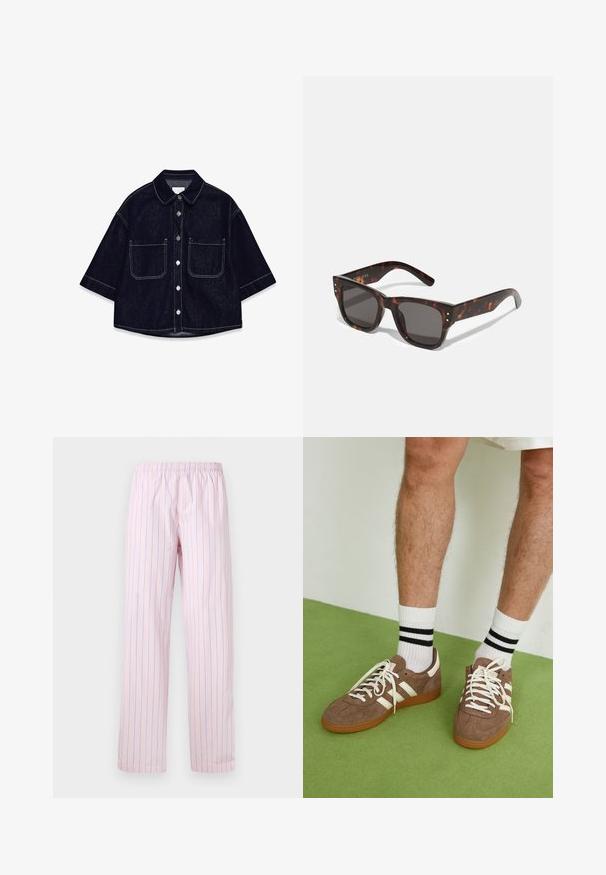 Chemise en denim foncé à manches courtes, avec deux poches plaquées à l'avant, des coutures blanches et un col arrondi.; Pantalons roses clairs avec des rayures verticales bleues, en tissu lisse, dotés d'une taille élastique et d'un design à jambes larges.; Baskets en daim marron avec des accents et des lacets blancs. Semelle en caoutchouc gomme. Portées avec des chaussettes blanches à rayures noires. Sol texturé vert.; Lunettes de soleil en écaille de tortue avec lentilles foncées, monture carrée et studs argentés en accent à l'avant. Fabriquées en plastique, légères et durables.; Sac à main en cuir tissé marron avec une forme triangulaire et souple. Il possède une poignée tressée et une fermeture éclair sur le dessus.