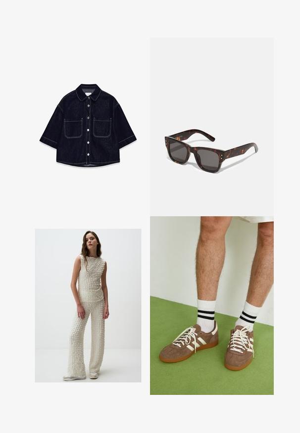 Dunkelblaue Jeanshemd mit kurzen Ärmeln, zwei aufgesetzten Taschen vorne, weißen Nähten und einem abgerundeten Kragen.; Weißes, strukturiertes Strickoutfit mit einem ärmellosen Top und weit geschnittenen Hosen. Der Stoff hat ein erhabenes Muster, das durch hellfarbige Schuhe ergänzt wird.; Braune Wildleder-Sneaker mit weißen Akzenten und Schnürsenkeln. Gummisohle in Kautschuk-Optik. Getragen mit weißen Socken, die schwarze Streifen haben. Grüner strukturierter Fußboden.; Sonnenbrille aus Schildpatt mit dunklen Gläsern, quadratischem Rahmen und silbernen Akzentnieten auf der Vorderseite. Aus Kunststoff, leicht und langlebig.; Braune, geflochtene Lederhandtasche mit einer lässigen, dreieckigen Form. Verfügt über einen geflochtenen Griff und einen Reißverschluss an der Oberseite.
