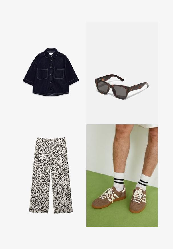 Chemise en denim foncé à manches courtes, avec deux poches plaquées à l'avant, des coutures blanches et un col arrondi.; Pantalons à jambe large en tissu léger avec un motif rayé noir et blanc de tigre. Taille élastique avec un détail de cordon de serrage.; Baskets en daim marron avec des accents et des lacets blancs. Semelle en caoutchouc gomme. Portées avec des chaussettes blanches à rayures noires. Sol texturé vert.; Lunettes de soleil en écaille de tortue avec lentilles foncées, monture carrée et studs argentés en accent à l'avant. Fabriquées en plastique, légères et durables.; Sac à main en cuir tissé marron avec une forme triangulaire et souple. Il possède une poignée tressée et une fermeture éclair sur le dessus.