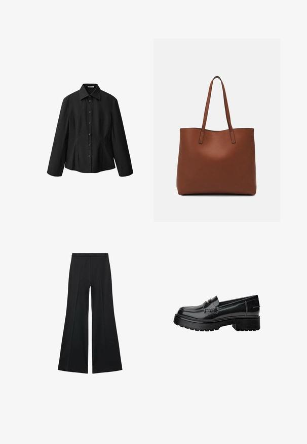 Mustat napitettavat puserot, joissa on levitetty kaulus, pitkät hihat ja muotoonommeltu leikkaus. Valmistettu sileästä kankaasta, jossa on siisti viimeistely ja huomaamattomat saumat.; Mustat leveälahkeiset housut, joissa on sileä pinta, etupuolella laskokset ja muotolaskettu malli. Kangas on kevyttä ja laskeutuvaa.; Musta patenttinaahka loaferit paksulla pohjalla, joissa on koristeellinen hihna ja hienovarainen ompelutaito. Kuminen pinta pohjassa.; Ruskea nahkainen olkalaukku, jossa on sileä pinta, avoin yläosa ja kaksi olkahihnaa. Omaavat vain minimaalisen ompelun eikä näkyvää metalliosaa.