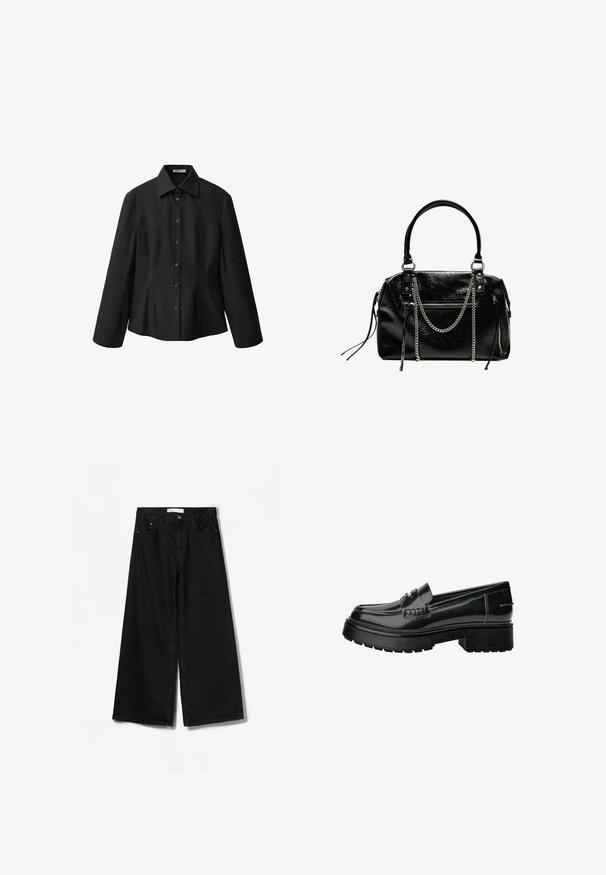 Czarna koszula zapinana na guziki z kołnierzykiem typu spread, długimi rękawami i dopasowanym krojem. Wykonana z gładkiego materiału z eleganckim wykończeniem i subtelnymi detalami szwów.; Bershka WIDE czarny; Czarne lakierowane loafersy z grubą podeszwą, z dekoracyjnym paskiem i subtelnymi detalami szycia. Gumowa tekstura na podeszwie.; Bershka - Torebka