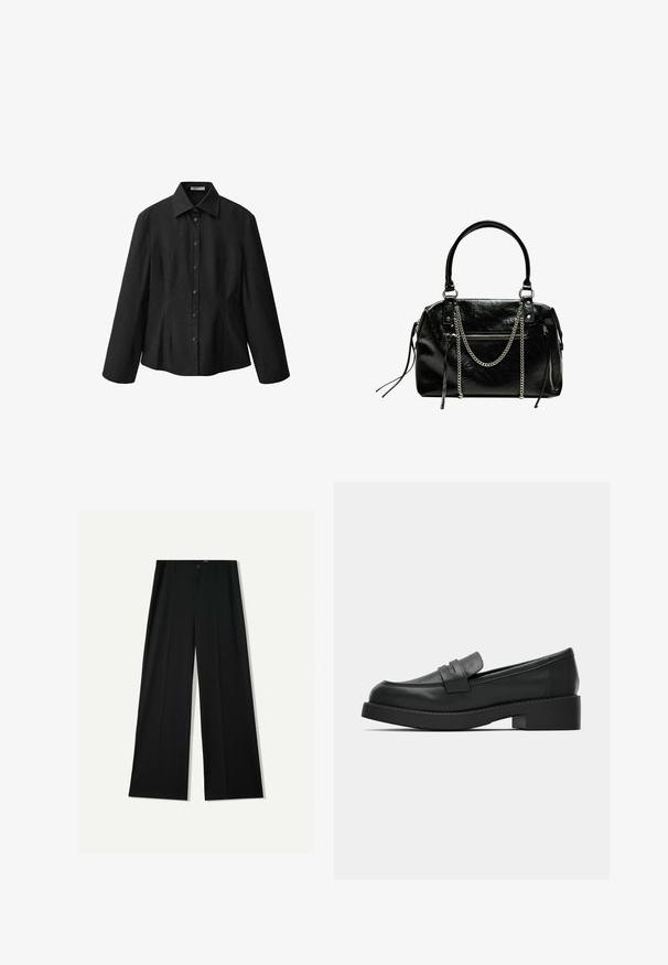 Mustat napitettavat puserot, joissa on levitetty kaulus, pitkät hihat ja muotoonommeltu leikkaus. Valmistettu sileästä kankaasta, jossa on siisti viimeistely ja huomaamattomat saumat.; Bershka WIDE - Housut - black; Musta nahkakengät, joissa on pyöreä varvas, litteä pohja ja ommeltu yksityiskohta jalkaterässä. Yksinkertainen, minimalistinen muotoilu.; Bershka WITH CHAIN - Käsilaukku - black