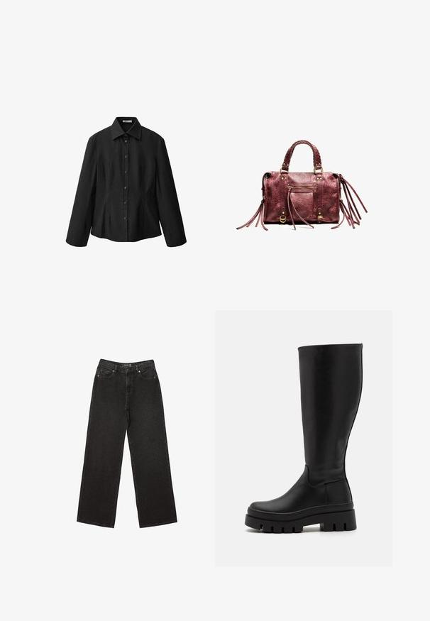 Črna srajca s kragnico, dolgimi rokavi in krojem, ki se prilega. Narejena iz gladkega materiala z čistim zaključkom in diskrétnimi podrobnostmi šivov.; Črne široke jeans hlače iz denima, z majhnimi pikčastimi vzorci, klasičnim petim žepom ter z gumbom in zadrgo za zapiranje.; Even&Odd Škornji s platformo - black; Bordo usnjeni ročni torbica z pletenimi ročaji, okraski iz franja in zlatimi dodatki. Ima sprednji žep z zadrgo in teksturirano površino.