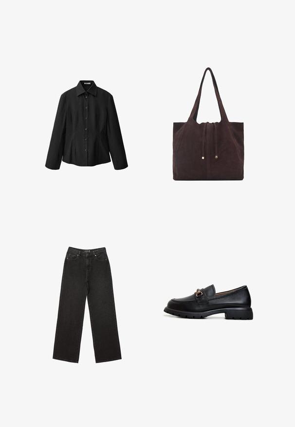 Camicia nera con colletto aperto, maniche lunghe e forma sartoriale. Realizzata in tessuto liscio con una finitura pulita e dettagli di cucitura discreti.; Jeans neri a gamba larga realizzati in denim, caratterizzati da piccoli motivi a pois, design classico a cinque tasche e chiusura con bottone e zip.; Mocassino in pelle nera con punta arrotondata, decorazioni in oro e una suola in gomma resistente con un motivo di grip texturizzato.; Mango Shopping bag - dark brown