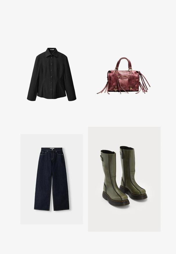Zwarte button-up shirt met een spread collar, lange mouwen en een getailleerde pasvorm. Gemaakt van een gladde stof met een schone afwerking en subtiele naaddetails.; Donkerblauwe denim wijduitlopende jeans met een hoge taille, vijf zakken, contrasterende stiksels en zilveren metalen hardware. Gladde textuur en een nette afwerking.; Een paar olijfgroene leren laarzen tot halverwege de kuit met zwarte dikke zolen en oranje stiksels, voorzien van zijritsen en een banddetail aan de bovenkant van de achterkant.; Bordeaux leren handtas met gevlochten handvatten, franjes en gouden hardware. Bevat een voorvak met rits en een textuur oppervlak.