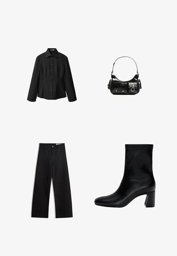 Crna košulja s dugim rukavima i raširenim ovratnikom, krojena u obliku koji ističe figuru. Izrađena od glatkog materijala s čistim završetkom i suptilnim detaljima šavova.; Crne široke traperice s visokim strukom, s prednjim i stražnjim džepovima, šivenim šavovima i kopčanjem na gumb. Glatka tekstura.; Crne gležnjače od glatke kože. Imaju kvadratni vrh, elastični gornji dio i masivnu petu za stabilnost. Minimalistički dizajn.; Crna patentna kožna torba s zakrivljenim oblikom, jednim remenom za rame, prednjim džepovima i akcentima od srebrnog tona.