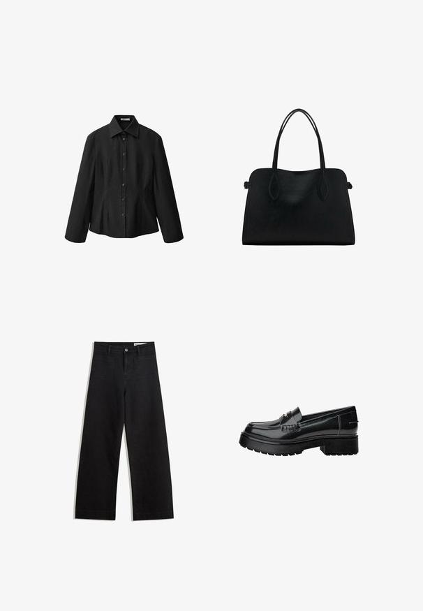Černá košile na knoflíky s rozšířeným límcem, dlouhými rukávy a upraveným střihem. Vyrobena z hladké tkaniny s čistými detaily a jemnými švy.; Černé denimové kalhoty s volným střihem a vysokým pasem, vybavené předními a zadními kapsami, prošívanými švy a knoflíkovým zapínáním. Hladká textura.; Černé lakované kožené mokasíny s masivní podrážkou, zdobené páskem a jemným švem. Gumová textura na podrážce.; Černá kožená kabelka s dvojitými ramenními popruhy, obdélníkový tvar a minimalistický design na bílém pozadí.