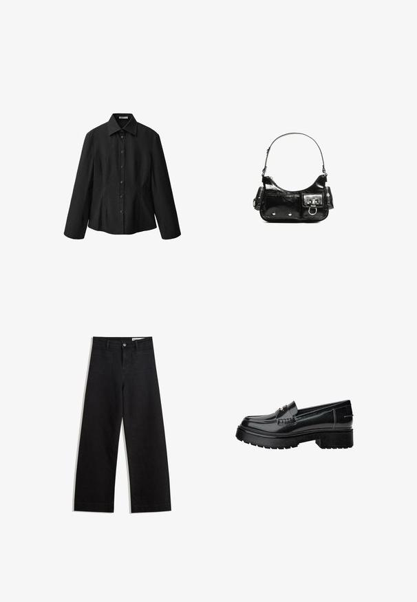 Zwarte button-up shirt met een spread collar, lange mouwen en een getailleerde pasvorm. Gemaakt van een gladde stof met een schone afwerking en subtiele naaddetails.; Zwarte denim broek met wijde pijpen en een hoge taille, voorzien van voor- en achterzakken, gestikte naden en een knoopsluiting. Gladde textuur.; Zwarte gepatineerde leren instappers met een chunky zool, voorzien van een decoratieve band en subtiele stikseldetails. Rubberstructuur op de buitenzool.; Zwarte laarzen in lakleer met een gebogen vorm, één schouderband, voorvakken en accenten in zilverkleurig metaal.