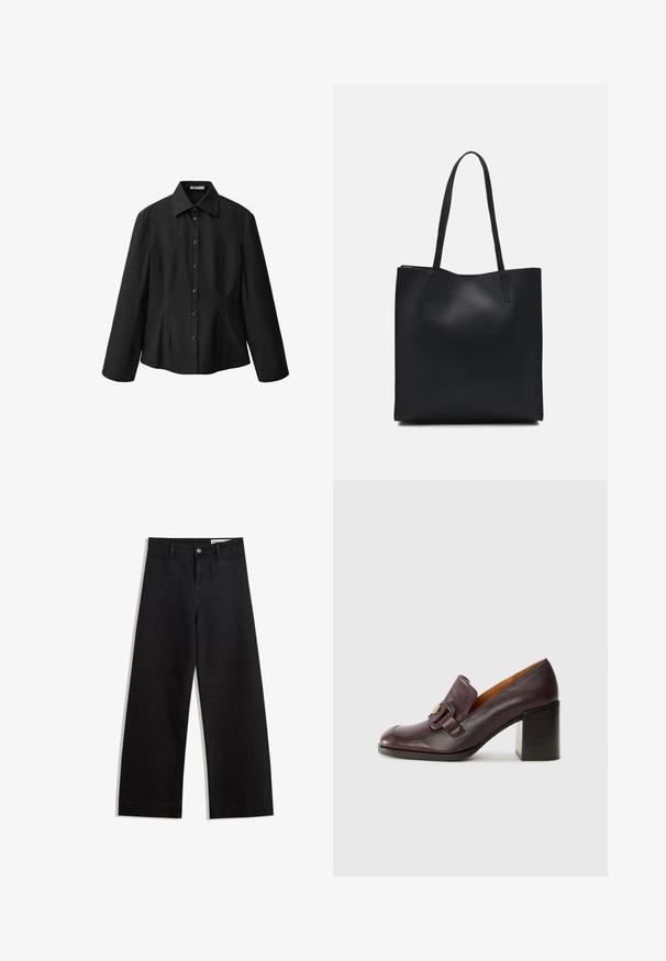 Cămașă neagră cu nasturi, guler deschis, mâneci lungi și o croială ajustată. Fabricată dintr-un material neted, cu un finisaj curat și detalii discrete de cusătură.; Pantaloni din denim negri cu picioare largi, cu talie înaltă, având buzunare frontale și posterioare, cusături dublate și închidere cu nasture. Textură netedă.; Chie Mihara NOWA - Pantofi clasici cu toc - kimera grape; Geantă tote neagră din piele, cu textură netedă, formă rectangulară și două mânere lungi. Fără hardware vizibil sau ornamente.