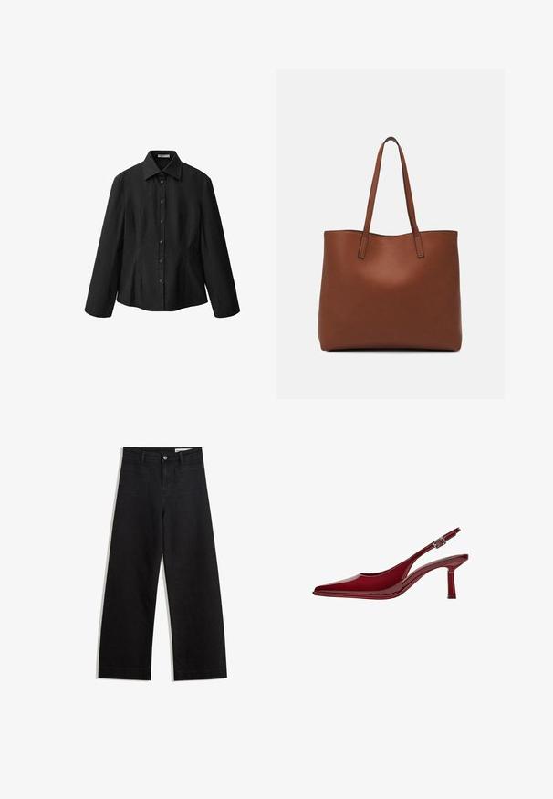 Black button-up shirt with a spread collar, long sleeves, and a tailored shape. Made of smooth fabric with a clean finish and subtle seam details.; Black wide-leg denim pants with a high waist, featuring front and back pockets, stitched seams, and a button closure. Smooth texture.; Bershka Classic heels - dark red; Brown leather tote bag with a smooth texture, open top design, and two shoulder straps. Features minimal stitching and no visible hardware.