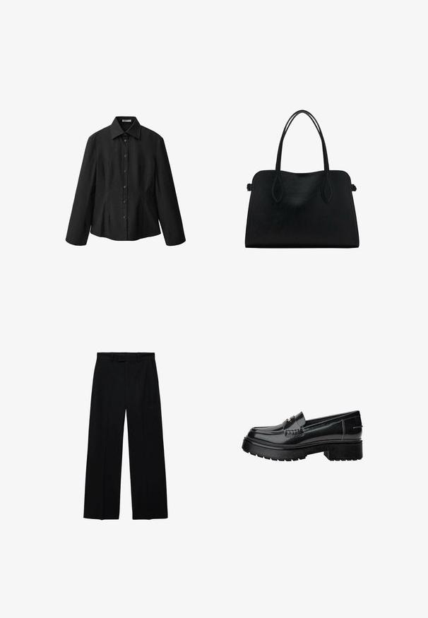Crna košulja s dugim rukavima i raširenim ovratnikom, krojena u obliku koji ističe figuru. Izrađena od glatkog materijala s čistim završetkom i suptilnim detaljima šavova.; Crne hlače s visokim strukom, širokih nogavica, s petljama za remen i bočnim džepovima, s prednjim zatvaračem i kopčanjem na dugme.; Crne lakirane kožne mokasine s debelim potplatom, koje imaju dekorativnu traku i suptilne šavove. Guma na donjem dijelu potplata.; Crna kožna torba s dvostrukim naramenicama, pravokutnog oblika i minimalističkim dizajnom na bijeloj pozadini.
