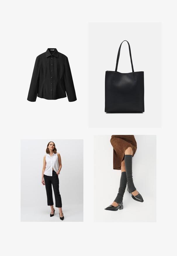Camicia nera con colletto aperto, maniche lunghe e forma sartoriale. Realizzata in tessuto liscio con una finitura pulita e dettagli di cucitura discreti.; Blusa bianca senza maniche con colletto, abbinata a pantaloni neri cropped con taglio dritto e tasche laterali. Tacchi alti neri completano il look.; Scarpe nere in pelle verniciata con punta affilata, tacco a blocco e cinturino alla caviglia, abbinate a scaldamuscoli grigi a coste e una gonna in suede marrone.; Borsa tote in pelle nera con texture liscia, forma rettangolare e due manici lunghi. Nessun hardware o decorazione visibile.