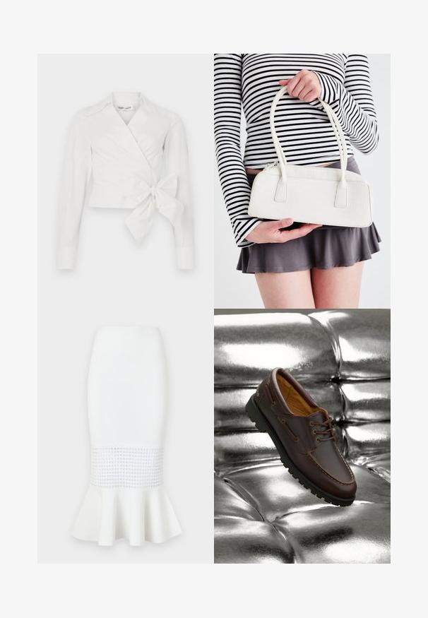 White wrap blouse with long sleeves, collar, and front tie detail. Made from smooth fabric with a slightly structured design.; White midi skirt made of ribbed fabric, featuring a mesh panel at the hem with a flared bottom. Smooth texture with circular cutouts.; Brown leather boat shoe with black rubber sole resting on shiny metallic silver tufted surface.; White crocodile-embossed handbag with two handles, rectangular shape, and zipper closure. Displayed against a light background.; Gold-colored hoop earrings with a curved, irregular shape and a smooth, polished texture. No visible hardware or accents.