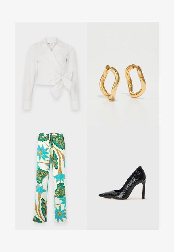 Balta blūze ar garām piedurknēm, apkakli un priekšējo saišu detaļu. Izgatavota no gludas auduma ar nedaudz strukturētu dizainu.; Ziedu raksta bikses ar ziliem ziediem un zaļām lapām uz krēmkrāsas fona; materiāls izskatās gluds un bikses ir brīvāka piegriezuma.; Melni augstpapēžu apavi ar norādītu purngalu, ar krokodila ādas tekstūru, izceļoties ar elegantu dizainu, augstu stiletto papēdi un gludu melnu interjeru.; Zelta krāsas gredzenveida auskari ar izliekta, nepareiza formu un gludu, pulētu tekstūru. Nav redzamu detaļu vai akcentu.