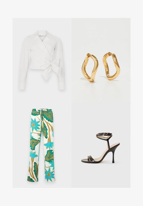 Bluză albă, cu mâneci lungi, guler și detaliu de legare pe față. Fabricată dintr-un material neted, cu un design ușor structurat.; Pantaloni cu imprimeu floral, prezentând flori albastre și frunze verzi pe un fundal crem; materialul pare neted, cu o croială lejeră.; Sandale cu toc înalt din piele patent neagră, cu curea subțire la gleznă și cataramă, vârf deschis și toc stiletto subțire, pe fundal alb.; Cercei din aur cu un design curbat, neregulat și o textură netedă și lustruită. Fără accesorii sau elemente vizibile.