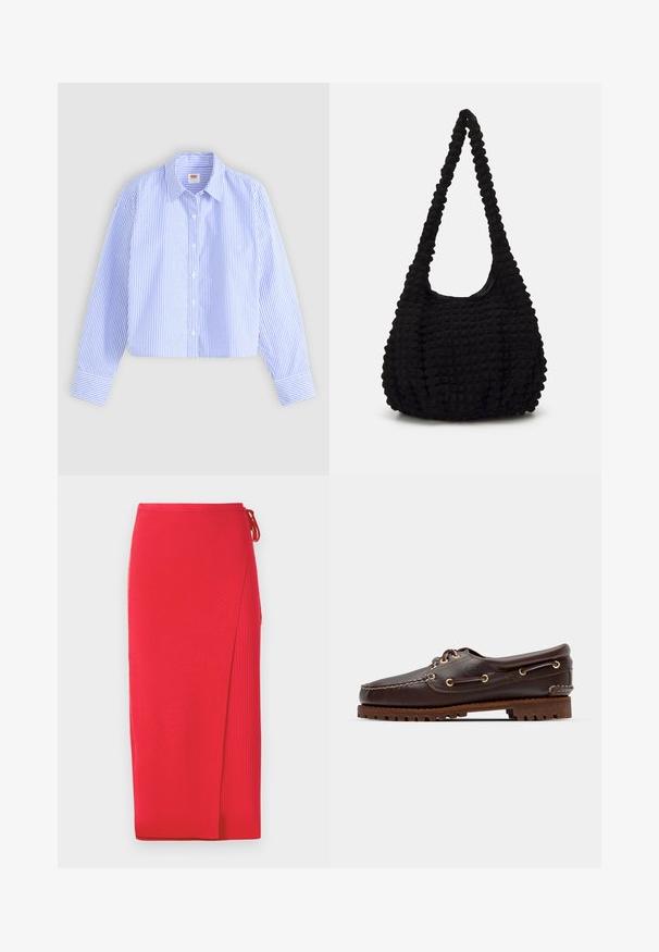 Izgriezts krekls ar pogām, kas veidots ar ziliem un baltiem vertikāliem svītrām, ar faktūru, norādītu apkakli un pogu uz vienu roku.; Sarkanais ribota adīta midi svārki ar sānu izgriezumu, kuram ir sasieta detaļa jostasvietā. Gluda tekstūra ar pieguļošu siluetu.; Brūni ādas laivu zābaki ar zeltītām acīm, apaļām šņorēm un rakstainu brūnu gumijas zoli. Iekļauj izšūtas detaļas un paaugstinātu logo.; Melna teksturēta auduma soma ar vienu vērstu siksnu, kam raksturīga pūkaina forma un krokotu virsmas dizains.