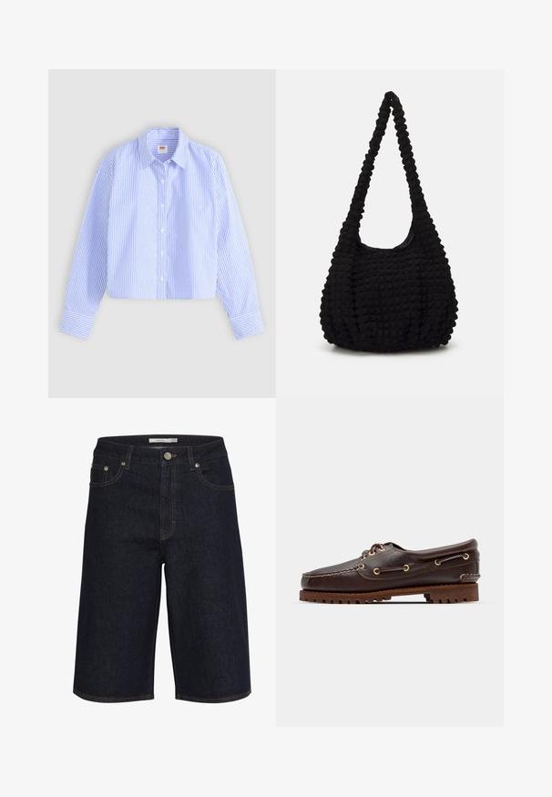 Lühendatud nööpidega särk, millel on sinised ja valged vertikaalsed triibud koos tekstureeritud pinnaga, terav krae ja ühe nupuga mansetid.; Tumed denim lühikesed püksid keskmise vöökohtusega, sirge lõikega ja kontrastsete oranžide õmblustega. Omab eesmine taskuid ja nööbiga sulgemist.; Pruun nahkne paadisuss kuldsete silmadega, ümmarguste nööridega ja tekstuuriga pruuni kummitaldiga. Omab õmmeldud detaile ja väljaulatuvat logo.; Mustriline tekstuuriga must kott, millel on üks keerdunud rihm. Kotil on paks vorm ja kokku tõmmatud pinnadisain.