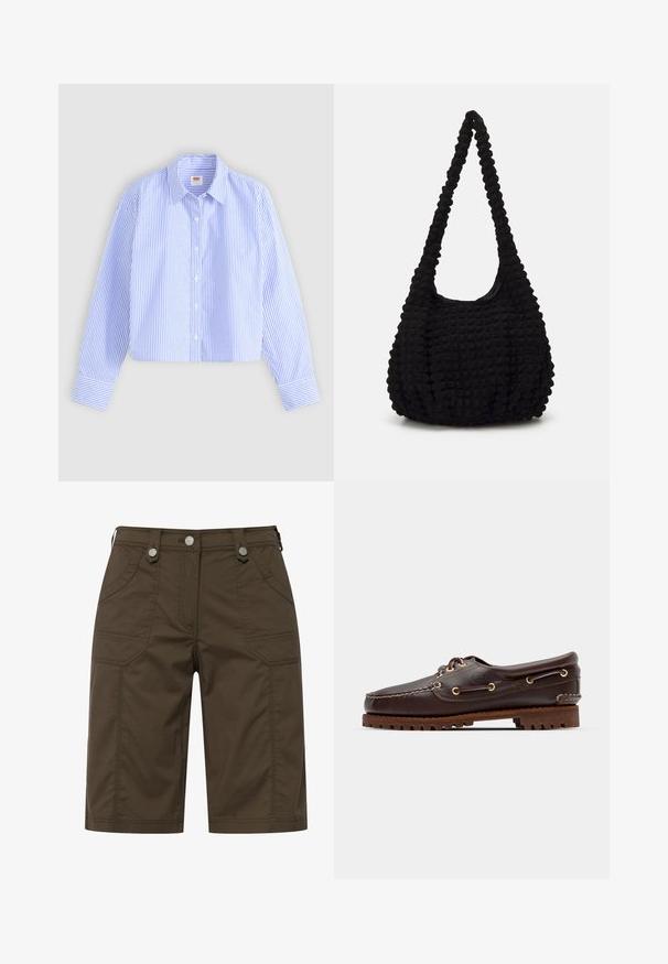 Gekürzte Shirt-Bluse mit blauen und weißen vertikalen Streifen und strukturiertem Finish, spitzem Kragen und einknöpfbaren Manschetten.; Braune Stoffshorts mit zwei vorderen und zwei hinteren Taschen, akzentuiert mit silbernem Zubehör am Bund. Gerades Design.; Braune Lederbootsschuhe mit goldenen Ösen, runden Schnürsenkeln und einer strukturierten braunen Gummisohle. Verfügt über genähte Details und ein erhabenes Logo.; Schwarze, strukturierte Stofftasche mit einem einzigen gedrehten Griff, die eine puffige Form und ein gerafftes Oberflächendesign aufweist.