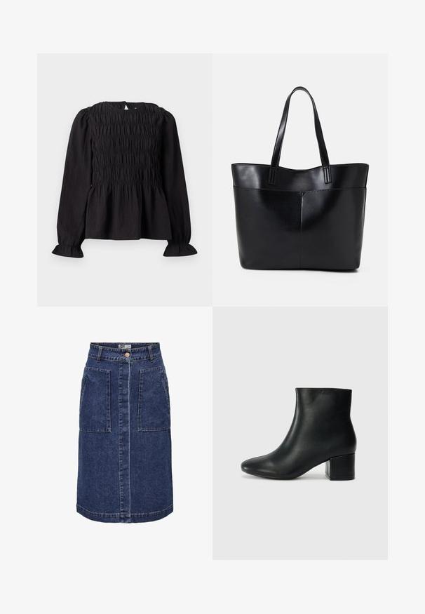 Blusa preta de manga longa com textura franzida, decote redondo e punhos largos. Apresenta uma abertura em forma de olho-chave nas costas e um design de cintura franzida.; Saia A-line de ganga em azul escuro, com dois grandes bolsos frontais, fecho central com botão e costura em contraste ao longo das laterais.; Botas de tornozelo em pele preta com bico pontiagudo e um salto robusto. Textura suave com acentos mínimos e um design ajustado e elegante.; Bolsa tote preta em couro com duas alças longas, textura suave e forma estruturada. Apresenta um bolso frontal para armazenamento adicional.