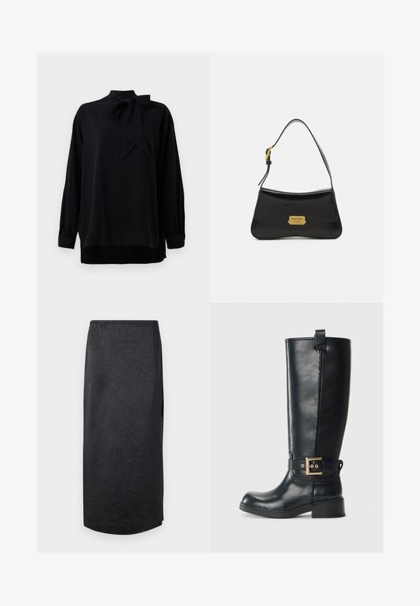 Blusa negra con collar alto y detalle de lazo. Mangas largas con puños. Fabricada con tejido suave y ajuste relajado.; Falda midi negra con textura arrugada, corte recto y abertura en el lateral. El material parece ligero. El dobladillo es ligeramente redondeado.; Botas de cuero negras hasta la rodilla con un bajo tacón de bloque, correa decorativa con hebilla dorada alrededor del tobillo y una tira en la parte superior.; Bolso de cuero negro con un diseño curvado, placa de logo dorada como acento y una correa de hombro delgada. Textura suave con un acabado elegante.