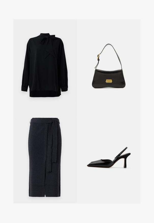 Mustaline särk kõrge krae ja lipsu detailiga. Pikad varrukad mansettidega. Valmistatud siledast kangast, millel on lõdva istuvus.; Knee-pikkune tume.navysinine kudumiskurts koos esiseibi ja sobiva pingutuskummiga vööl.; Must musta slingback-kand käptelastega, terava varvaga, minimalismi disainiga, õhuke pahkluu rihm ja sujuv stiletto-kõrgus. Sile tekstuur.; Musthave nahkakott, millel on kaarjas disain, kuldne logoplaat ja peen õlavarre rihm. Sile tekstuur ja elegantne viimistlus.