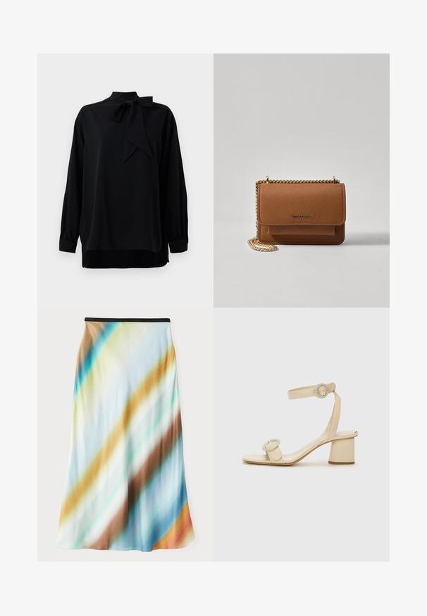 Čierna blúzka s vysokým golierom a detailom s mašľou. Dlhé rukávy s manžetami. Vyrobená z hladkej tkaniny s voľným strihom.; Midi sukňa z ľahkej a prúdivej látky. Obsahuje gradientový vzor s diagonálnymi pruhmi v modrej, hnedej a krémovej farbe. Čierny pás.; Béžové sandále na vysokom podpätku s minimalistickým dizajnom, zdobené dvoma kruhovými akcentmi a masívnym podpätkom. Vyrobené z hladkej kože.; Hnedá textúrovaná kožená taška cez telo s zlatým reťazovým popruhom a preklopným uzáverom. Predná strana obsahuje detail s logom a vrecko pod preklopkou.