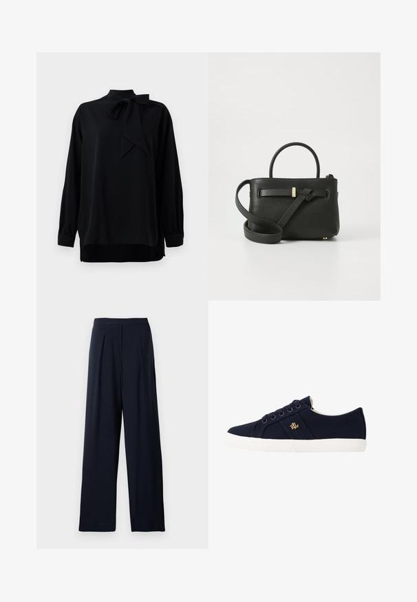Fekete blúz magas gallérral és masnis részlettel. Hosszú ujjak, mandzsettás véggel. Sima anyagból készült, laza szabással.; Sötétkék, bő szárú nadrág, amely lágy anyagból készült. Simma derékpánttal rendelkezik, és díszítés nélküli dizájnja sokoldalú viseletet biztosít.; Lauren Ralph Lauren JANSON II CANVAS SNEAKER - Sportcipő - navy; Fekete bőr kézitáska texturált felülettel, felső fogantyúkkal és hosszú, állítható pánttal. Az elején aranyszínű kiegészítő díszítéssel rendelkezik.