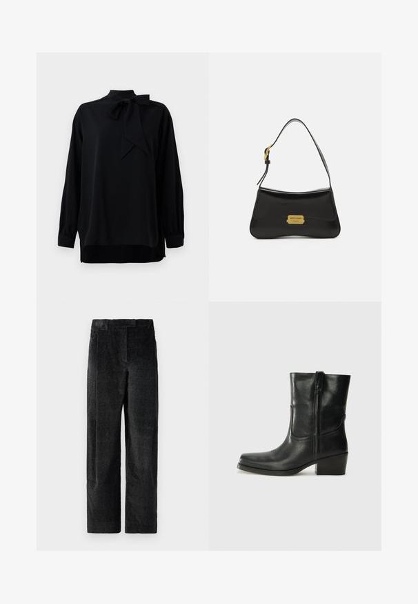 Melna blūze ar augstu apkakli un ar šnīkeru detaļu. Garas piedurknes ar aprocēm. Izgatavota no gludas auduma ar brīvu piegriezumu.; Melnas, teksturētas platajās bikses ar izteiktu audumu, kas ietver priekšējos krokas un plakanu jostasvietu. Klasisks dizains daudzpusībai.; Melna ādas potīte ar noapaļotu purngalu, bloku papēdi, sānu rāvējslēdzēju un šuvju akcentiem uz virsmas. Gluda tekstūra, klasiskā dizaina.; Melnas ādas rokassoma ar izliekta dizaina, zelta logo plāksnes akcentu un šauru plecu siksnu. Gluda tekstūra ar elegantu apdari.
