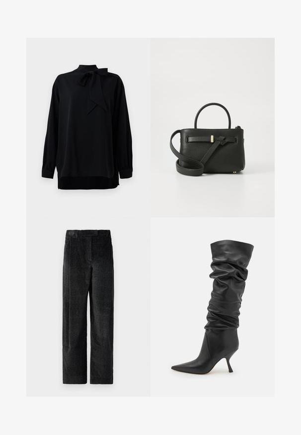 Fekete blúz magas gallérral és masnis részlettel. Hosszú ujjak, mandzsettás véggel. Sima anyagból készült, laza szabással.; Fekete, textúrált, bő szárú nadrág, hangsúlyos szövettel, elülső redőkkel és lapos derékpánttal. Klasszikus dizájn, amely sokoldalúságot biztosít.; Fekete bőr bokacsizma laza dizájnnal, hegyes orral és karcsú, kiscica sarokkal. Sima textúra finom redőkkel és gyűrődésekkel.; Fekete bőr kézitáska texturált felülettel, felső fogantyúkkal és hosszú, állítható pánttal. Az elején aranyszínű kiegészítő díszítéssel rendelkezik.