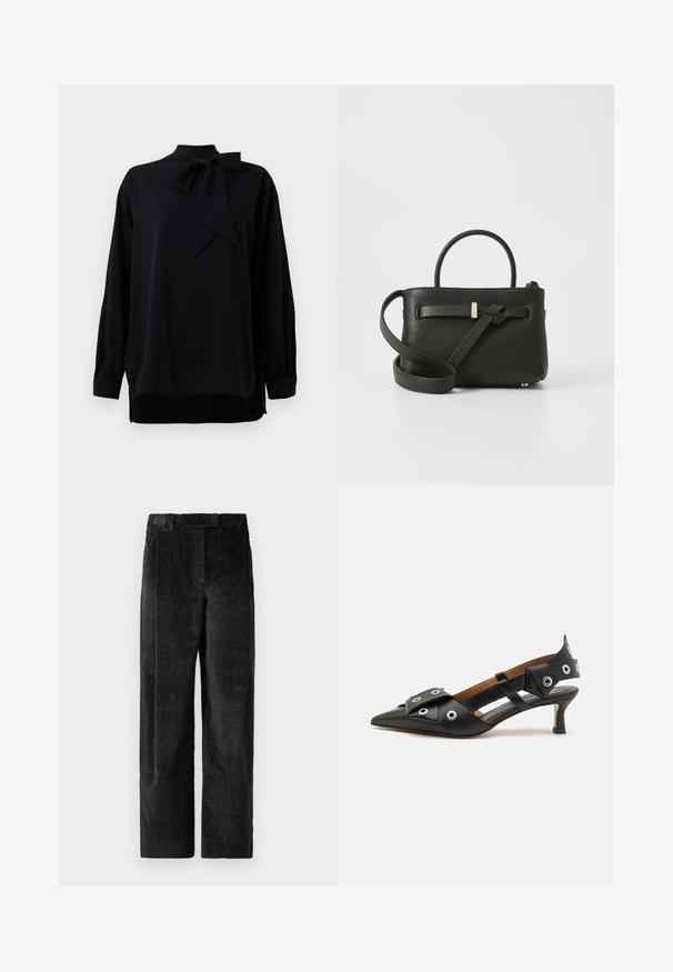 Blusa nera con colletto alto e dettaglio in cravatta. Maniche lunghe con polsini. Realizzata in tessuto morbido con vestibilità comoda.; Pantaloni neri a gamba larga, strutturati e con un tessuto ben definito, caratterizzati da pieghe frontali e una vita piatta. Design classico per molta versatilità.; Scarpa slingback in pelle nera con punta affusolata, caratterizzata da anelli decorativi, un tacco basso a kitten e design con ritagli sui lati.; Borsa a mano in pelle nera con una finitura testurizzata, manici superiori e una lunga tracolla regolabile. Presenta un accentuazione in metallo dorato sulla parte anteriore.