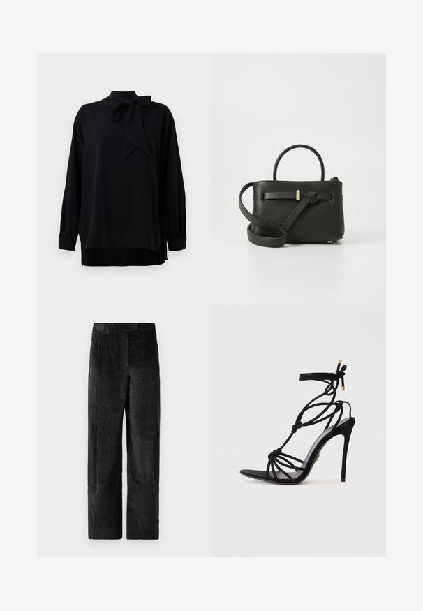 Sort bluse med høj krave og sløjfedetalje. Lange ærmer med manchetter. Fremstillet af glat stof med en afslappet pasform.; Sorte, strukturerede bredbenede bukser med en markant vævning, der har forfrits og en flad talje. Klassisk design for alsidighed.; Sorte stiletto-sandaler med et knyttet stropdesign, åben tå og en slank hæl. Glat tekstur med guldfarvede accenter på stropperne.; Sort lædertaske med tekstureret overflade, top-håndtag og en lang justerbar rem. Har et guldfarvet hardware-akse på forsiden.