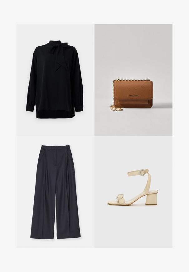 Black blouse with a high collar and bow tie detail. Long sleeves with cuffed ends. Made from smooth fabric with a relaxed fit.; Victoria Beckham WIDE LEG TROUSER - Trousers - midnight; Beige high-heeled sandals with a minimalist design, featuring two circular accents and a chunky heel. Made from smooth leather.; Brown textured leather crossbody bag with gold chain strap and flap closure. Front features logo detail and a pocket under the flap.