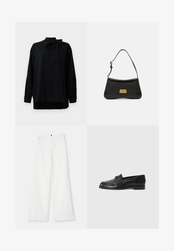 Μαύρη μπλούζα με ψηλό γιακά και λεπτομέρεια σε φιόγκο. Μακριά μανίκια με μανσέτες. Κατασκευασμένη από ομαλό ύφασμα με χαλαρή εφαρμογή.; Emporio Armani 5 TASCHE - Παντελόνι - bianco caldo; Μαύρα δερμάτινα μοκασίνια με λείο επάνω μέρος, ανάγλυφο γραμμικό σχέδιο και διακοσμητική αγκράφα στη μύτη. Χαμηλός, τετράγωνος τακούνι.; Μαύρη δερμάτινη τσάντα χειρός με καμπυλωτό σχέδιο, χρυσή πινακίδα λογότυπου και λεπτό λουρί ώμου. Λείο υλικό με κομψή φινέτσα.