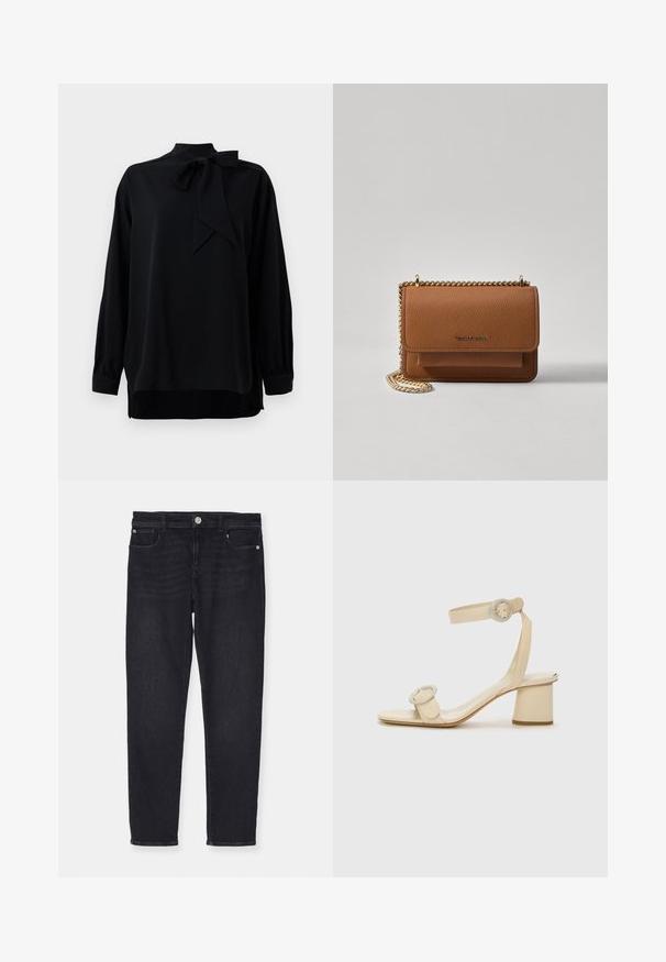 Μαύρη μπλούζα με ψηλό γιακά και λεπτομέρεια σε φιόγκο. Μακριά μανίκια με μανσέτες. Κατασκευασμένη από ομαλό ύφασμα με χαλαρή εφαρμογή.; Emporio Armani 5 TASCHE - Straight leg jeans - denim nero; Μπεζ ψηλοτάκουνα σανδάλια με μινιμαλιστικό σχέδιο, χαρακτηριστικά δύο κυκλικών λεπτομερειών και χοντρού τακουνιού. Κατασκευασμένα από λείο δέρμα.; Καφέ δερμάτινη τσάντα χιαστί με υφή, με χρυσή αλυσίδα στον ιμάντα και κλείσιμο με καπάκι. Στο μπροστινό μέρος υπάρχει λεπτομέρεια με λογότυπο και μία τσέπη κάτω από το καπάκι.