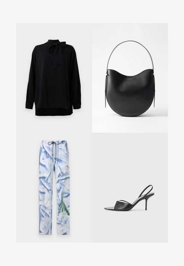 Czarna bluzka z wysokim kołnierzem i detalem w postaci kokardy. Długie rękawy z manszetami. Wykonana z gładkiego materiału o luźnym kroju.; Spodnie ze sznurkiem w talii, wykonane z gładkiego, satynowego materiału w jasnoniebieskim kolorze, z kwiatowym nadrukiem w zielone liście i białe kwiaty.; Czarne skórzane sandały na wysokim obcasie z ostro zakończonym noskiem, cienkim paskiem wokół kostki i obcasem typu stiletto. Posiadają węzeł na przodzie.; Czarna skórzana torba na ramię o zakrzywionym kształcie, cienkim uchwycie i subtelnych złotych akcentach. Gładka faktura z minimalistycznym designem.