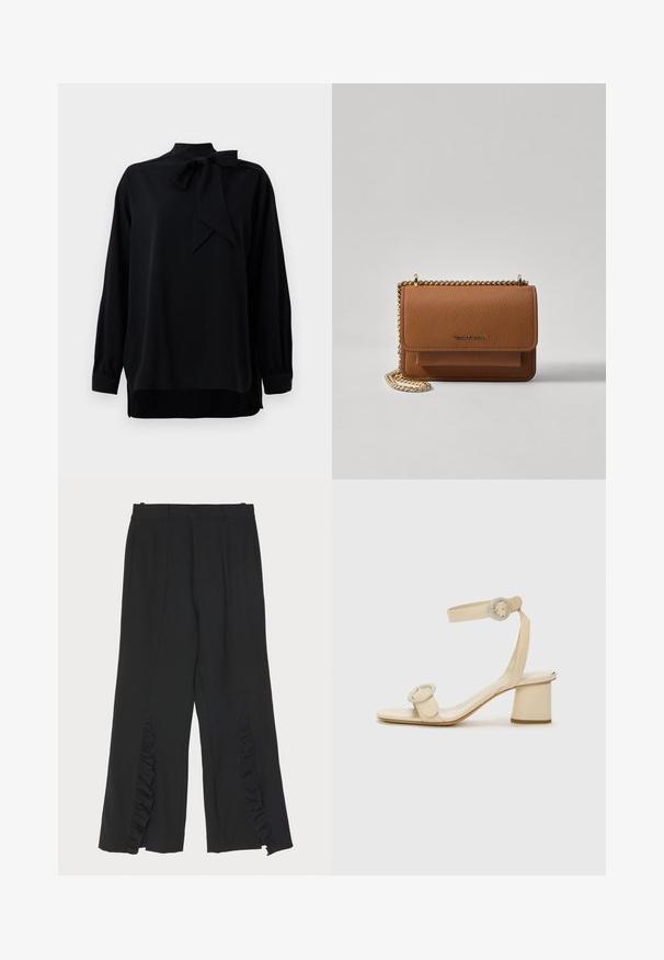 Černá blůza s vysokým límcem a detailem na mašličku. Dlouhé rukávy s manžetami. Vyrobena z hladkého materiálu s volným střihem.; Černé kalhoty s širokým střihem, s volánky na bočních švech a plochým pasem. Hladká textilie, zámecký střih.; Béžové sandály na vysokém podpatku s minimalistickým designem, které mají dva kulaté akcenty a silný podpatek. Vyrobené z hladké kůže.; Hnědá texturovaná kožená kabelka přes rameno se zlatým řetízkovým popruhem a klopnovým uzavíráním. Přední strana obsahuje detail loga a kapsu pod klopou.