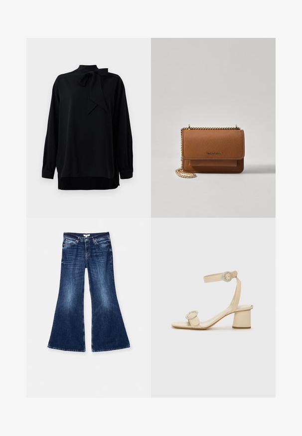 Black blouse with a high collar and bow tie detail. Long sleeves with cuffed ends. Made from smooth fabric with a relaxed fit.; RE/DONE BAGGY FLARE - Flared Jeans - monterey fade; Beige high-heeled sandals with a minimalist design, featuring two circular accents and a chunky heel. Made from smooth leather.; Brown textured leather crossbody bag with gold chain strap and flap closure. Front features logo detail and a pocket under the flap.