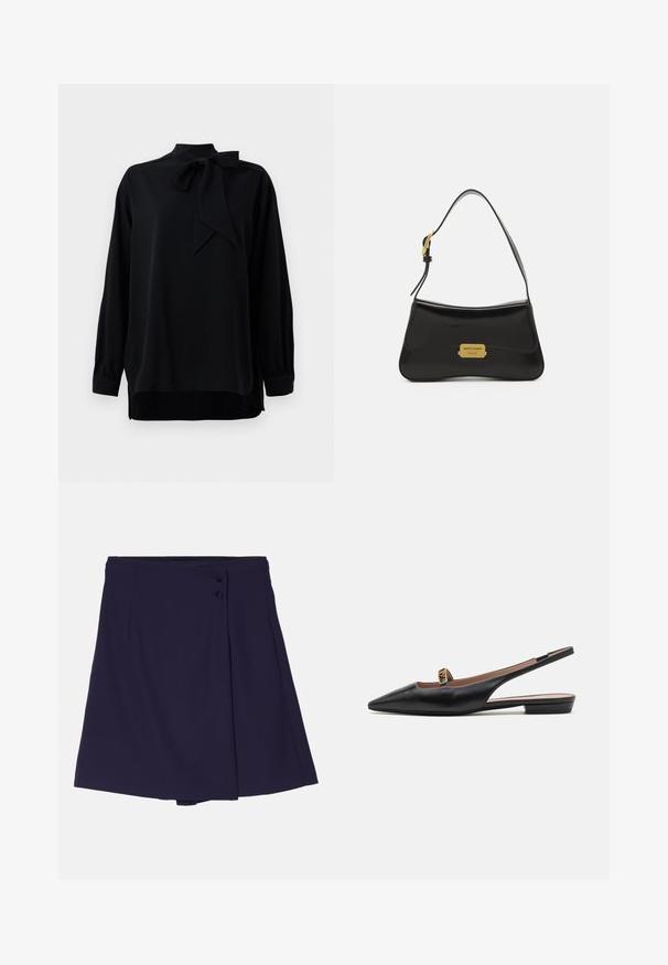 Blusa preta com colarinho alto e detalhe de laço. Mangas longas com punhos. Feita de um tecido suave com um corte relaxado.; Emporio Armani Calções - navy blue; Sapato slingback preto em couro com bico pontiagudo, pequeno detalhe dourado perto do calcanhar e sola plana. Textura suave e design minimalista.; Mala de couro preta com um design curvado, placa em ouro com o logotipo como detalhe e uma alça de ombro fina. Textura suave com um acabamento elegante.
