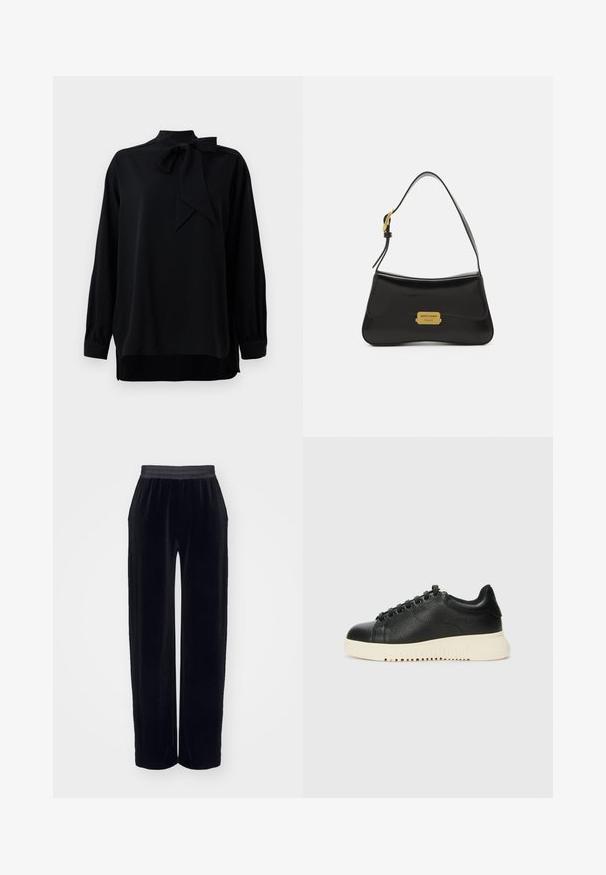 Svart bluse med høy krage og sløyfedetalj. Lange ermer med mansjettender. Laget av glatt stoff med en avslappet passform.; Svarte fløyelsbukser med elastisk midje, med bred ben-design og en jevn, myk tekstur. Ingen synlige mønstre eller detaljer.; Sorte lær sneakers med teksturert overflate, med rund tå, seks svarte hull for snøring, og en hvit gummisåle med riller.; Svart lærveske med buet design, gull logo-plakett som detaljer, og en slank skulderreim. Glatt tekstur med en elegant finish.