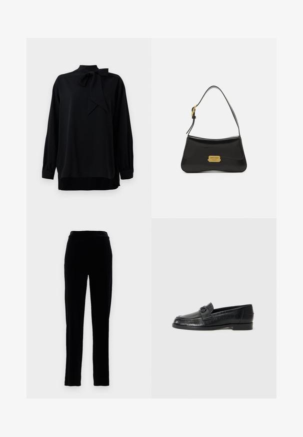 Μαύρη μπλούζα με ψηλό γιακά και λεπτομέρεια σε φιόγκο. Μακριά μανίκια με μανσέτες. Κατασκευασμένη από ομαλό ύφασμα με χαλαρή εφαρμογή.; Μαύρο βελούδινο παντελόνι με λεία υφή, στενή γραμμή και μέση μέτριας ύψους. Διαθέτει πλαϊνές τσέπες και ευθεία γραμμή.; Μαύρα δερμάτινα μοκασίνια με λείο επάνω μέρος, ανάγλυφο γραμμικό σχέδιο και διακοσμητική αγκράφα στη μύτη. Χαμηλός, τετράγωνος τακούνι.; Μαύρη δερμάτινη τσάντα χειρός με καμπυλωτό σχέδιο, χρυσή πινακίδα λογότυπου και λεπτό λουρί ώμου. Λείο υλικό με κομψή φινέτσα.