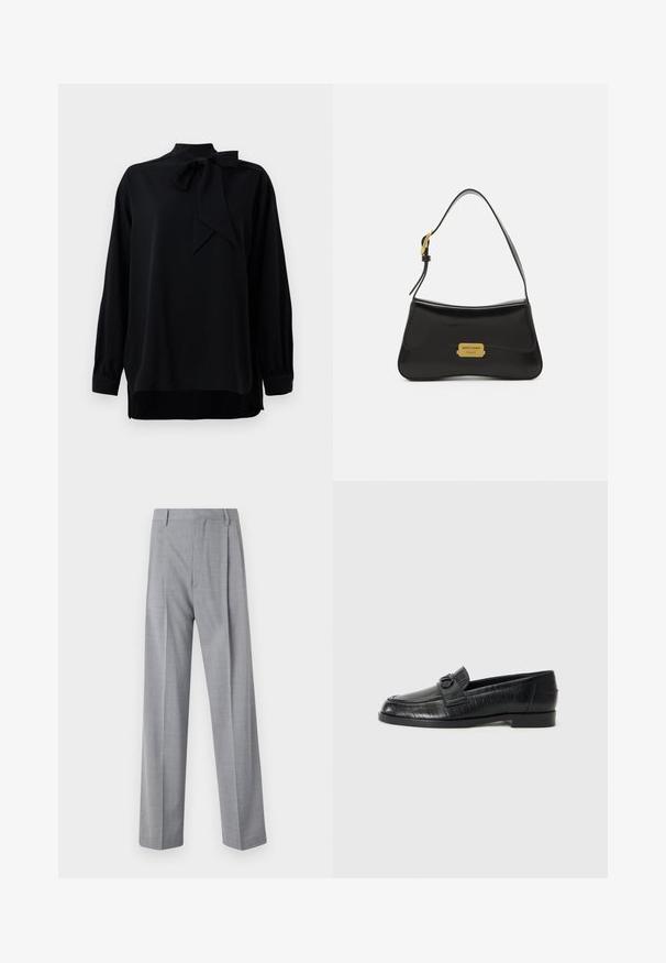 Juodas bluzonas su aukštu apykakle ir raišteliu. Ilgos rankovės su užsegamais galais. Pagamintas iš lygios medžiagos, turintis laisvą siluetą.; Pilkos, lengvos kelnės su pritaikytu siluetu, pasižyminčios lygiu tekstūru, subtiliu raštu ir dviem priekinių klostėmis papildomam akcentui.; Juodos odinės loafers tipo avalynės su lygia viršutine dalimi, iškilniu linijiniu raštu ir dekoratyvia užsegimu ant vampo. Žemas, stačiakampis kulnas.; Juodas odinis rankinė su kreiva forma, auksine logotipo plokšte ir plona petine dirželiu. Lygus paviršius su blizgiu apdailu.