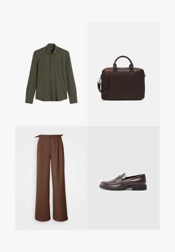 Tumši zaļš garām piedurknēm krekls, kas izgatavots no mīksta auduma, ar pogām aizdari, norādītu apkakli un standarta aprocēm.; Platas kāju bikses brūnā krāsā, izgatavotas no mīksta auduma. Tām ir augsta jostasvieta ar krokojumiem un sānu saitēm, nodrošinot brīvu piegriezumu un gludu tekstūru.; Brūni ādas loaferi ar gludu apdari, ar smalku izšuvumu augšdaļā un melnu gumijas zoli.; Brūna ādas portatīvo datoru soma ar teksturētu virsmu, divām augšējām rokturiem, regulējamu siksnu un diviem priekšējiem sprādzēm, lai pievienotu papildu detaļas.