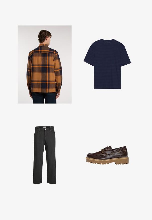 Koszula w kratę w odcieniach brązu, granatu i pomarańczy. Wykonana z teksturowanej tkaniny, z zapięciem na guziki i standardowym kołnierzykiem; posiada karczek z tyłu.; Granatowa koszulka z krótkim rękawem, okrągłym dekoltem i subtelnymi poziomymi paskami na tkaninie. Wykonana z miękkiego materiału.; Czarne dżinsy o prostym kroju, wykonane z bawełny, z klasycznym pięciopocketowym designem, zapięciem na guzik oraz subtelnymi detalami w szwie.; Brązowe skórzane buty żeglarskie z teksturowanym wykończeniem, z elementami złotego hardware'u, grubą tanową gumową podeszwą i klasycznym designem na sznurowadła.