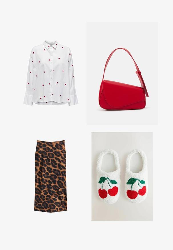 White shirt with long sleeves and a classic collar, featuring red heart embroidery scattered across the fabric. Button-down front and cuffed sleeves.; Leopard print skirt featuring a brown and black pattern, smooth texture, ankle-length design, and a form-fitting silhouette.; White fuzzy slippers featuring an embroidered cherry design in red and green. Soft texture with a slip-on style.; Red leather handbag with an angular, geometric design. Features a single adjustable strap and a flap closure with stitched detailing.