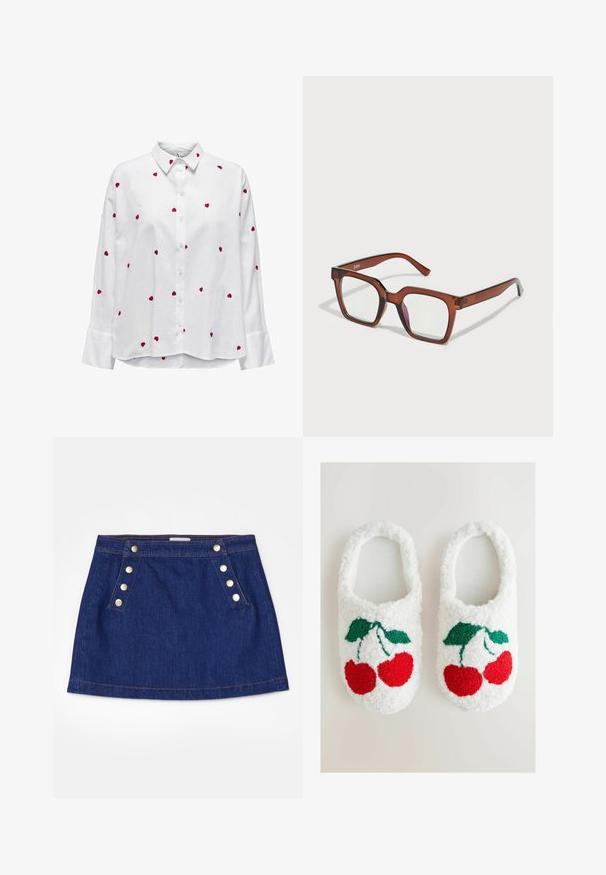 Biała koszula z długimi rękawami i klasycznym kołnierzykiem, ozdobiona haftowanymi czerwonymi sercami rozmieszczonymi na materiale. Zapięcie na guziki z przodu i mankiety.; FRAME - Spódnica jeansowa; Białe, puszyste kapcie z haftowanym wzorem wiśni w kolorach czerwonym i zielonym. Miękka tekstura i styl wsuwany.; Brązowe, przerośnięte prostokątne okulary z przezroczystymi soczewkami i lekkim różowym odcieniem na prawej soczewce. Plastikowa oprawka o gładkiej fakturze.