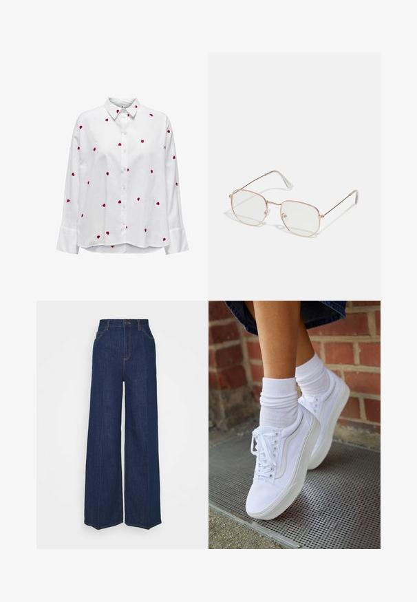 Valge särk pika varrukaga ja klassikalise kraega, millel on üle kogu kangas pisikesed punased südame emboidarid. Nööpidega ees ja mansetiga varrukad.; Kõrge vöökohaga laiad tumesinised teksapüksid, millel on ees- ja tagataskud, nööpide sulgemine ning nähtavad õmblusdetailid.; Valged kanvas tennisikud kummitaldadega, kuue silmaga, ümmarguse varbaga ja kergete tikandite detailidega, koos valgete pahkluusokkidega.; Kitsad raamiga prillid õhukese roosa kulla metallraamiga. Selged läätsed, läbipaistvad kõrvatükid ja õrnade detailidega läätsed.