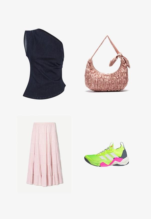 Dark denim top with one shoulder design, featuring gathered texture and curved hem. The fabric has a subtle sheen and structured fit.; Light pink, tiered maxi skirt made of a textured, lightweight fabric. Elastic waistband and flowing hem with ruffled accents.; Neon green athletic shoe with gray accents, three white stripes, and pink details. Features a textured upper and a cushioned sole.; Pink satin shoulder bag with a gathered texture, curved shape, and a knotted strap detail. Smooth finish with stitched accents.