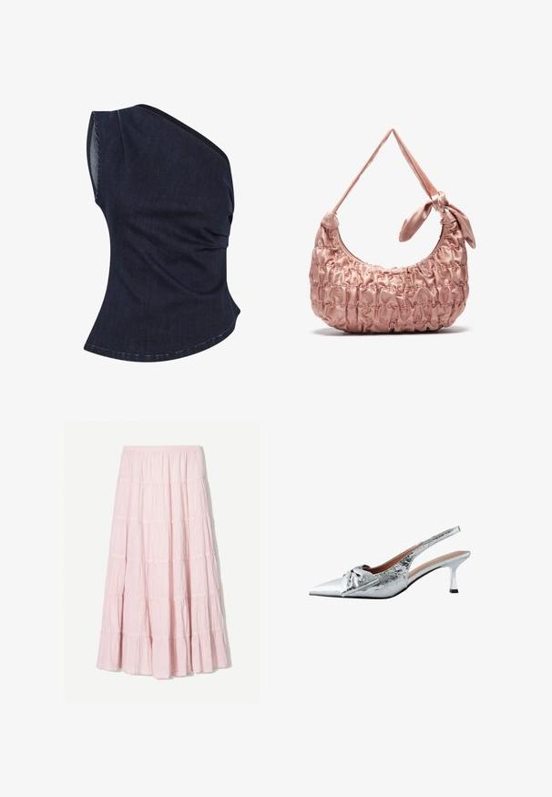 Mørk denim top med design på én skulder, der har en samlet struktur og buet kant. Stoffet har en subtil glans og en struktureret pasform.; Lys pink, lagdelt maxi skirt lavet af et tekstureret, letvægtsstof. Elastisk talje og flydende kant med flæse-detaljer.; Sølv slingback hæle med spidse tæer, tekstureret metallisk finish og en dekorativ sløjfe. Har en slank kitten hæl.; Lyserød satin skuldertaske med en samlet tekstur, buet form og en knyttet stropdetalje. Glat finish med syede accenter.