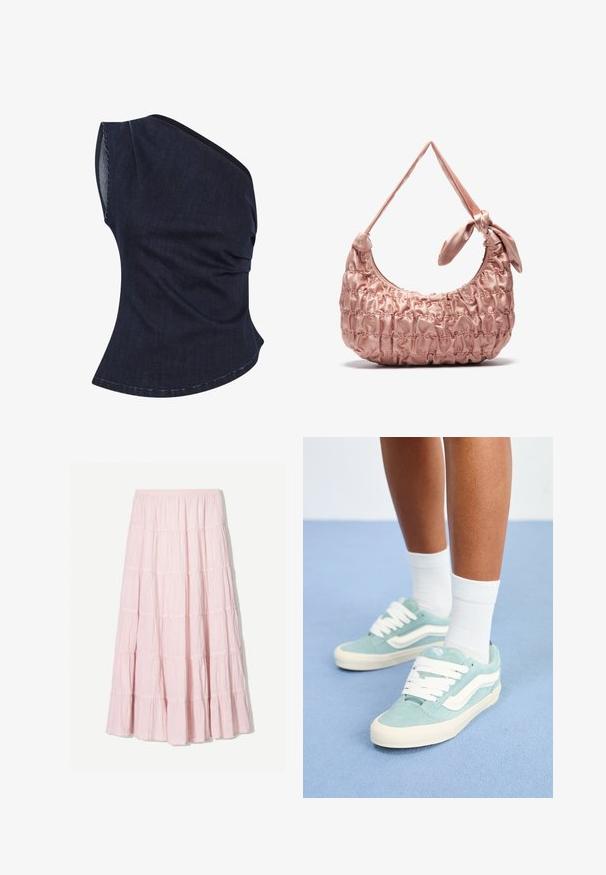 Sötét farmer póló, egy vállas dizájn, ráncolt textúrával és ívelt alsó résszel. Az anyag diszkrét fényességű és strukturált fazonú.; Világos rózsaszín, réteges maxi szoknya struktúrált, könnyű anyagból. Rugalmas derékrész és lebegő szegély fodros részletekkel.; Világoskék velúr sportcipők fehér kiegészítőkkel és fűzőkkel. Kerek orr, textúrált felsőrésszel. Fehér bokazoknival viselve egy kék felületen.; Rózsaszín selyem válltáska, gyűrött textúrával, ívelt formával és csomós pánttal. Simaságával és varrott díszítéseivel tűnik ki.